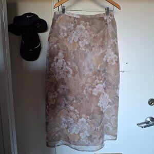 Floral A-Line Sheer Overlay Skirt in Beige